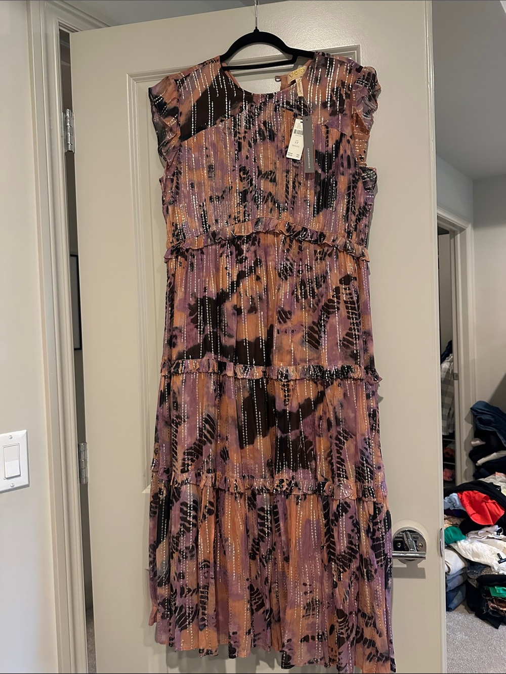 Anthropologie Lavender and Peach Tiered Ruffle Midi Dress size small petite
